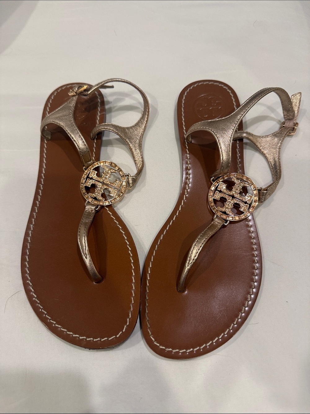 Tory Burch Metallic Rose Gold Logo Thong Sandals